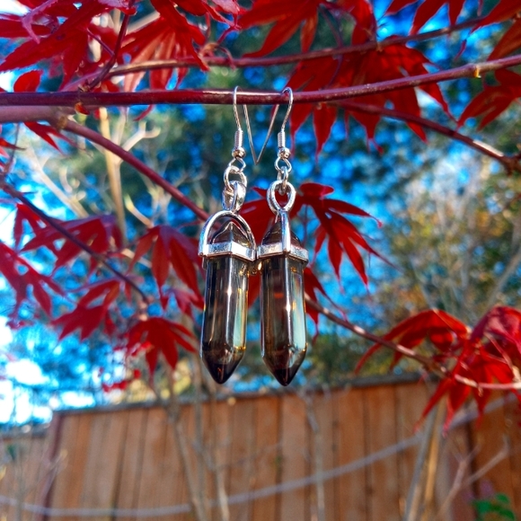 Smoky quartz Crystal chakra Point earrings - Picture 1 of 3